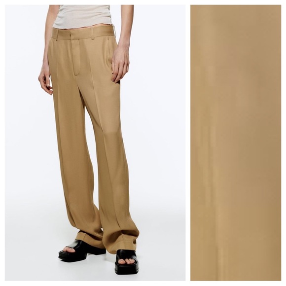 NWOT. Zara Tan High-Waisted Flowy Straight Leg Pants. Size S. - Picture 1 of 9